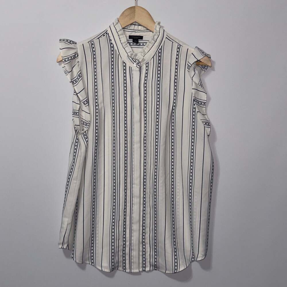 Ann Taylor Factory Striped Ruffle High Neck Sleeveless Blouse women’s size large